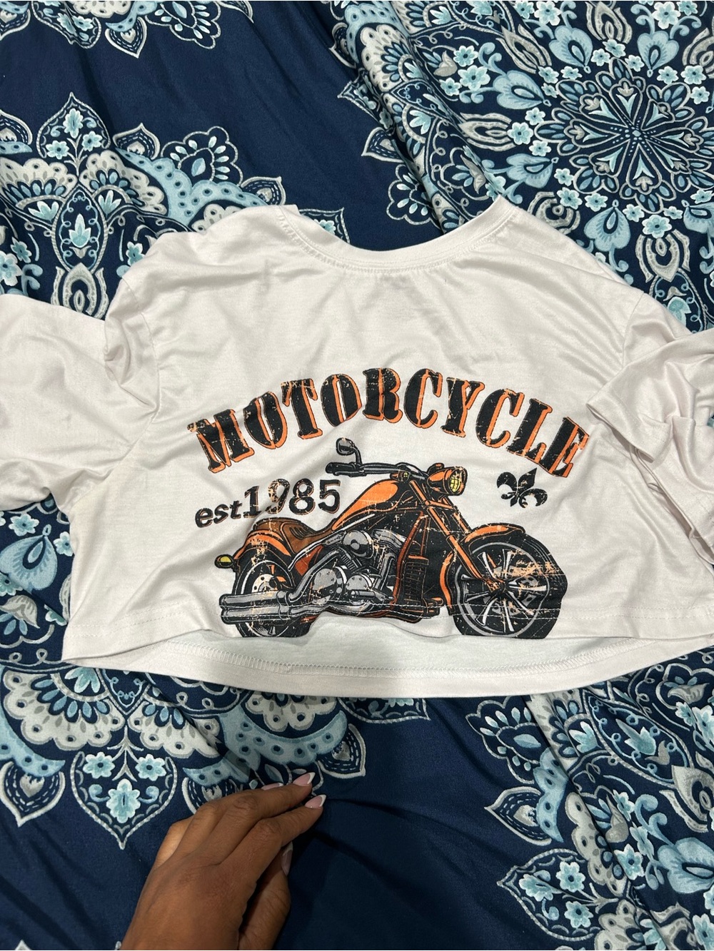 SHEIN White Crop Top with Orange & Black Motorcycle Graphic
